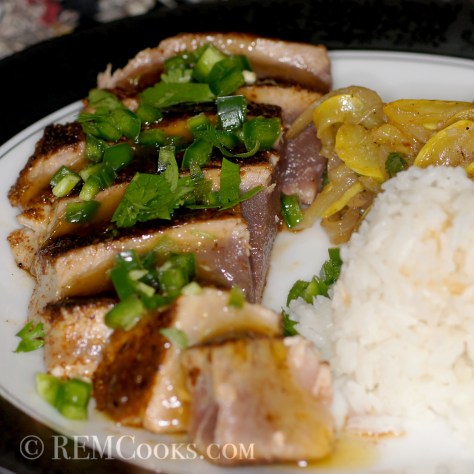 Seared Ancho Crusted Tuna with Fig Lime Glaze, Jalapeños & Cilantro