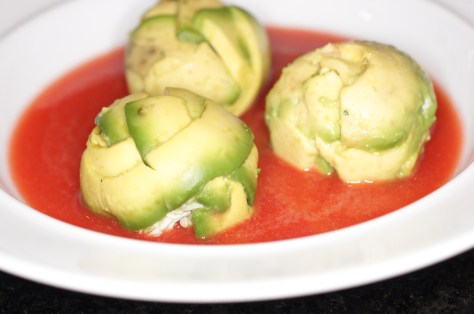 Crab & Avocado Sphere with Watermelon Gazpacho