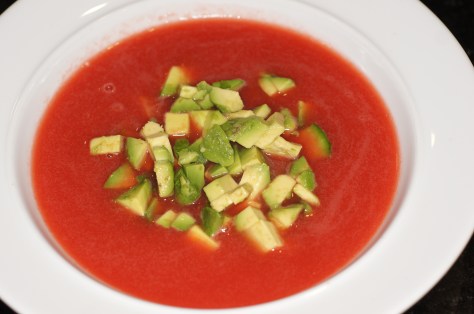 Dice avocado and add to watermelon gazpacho.