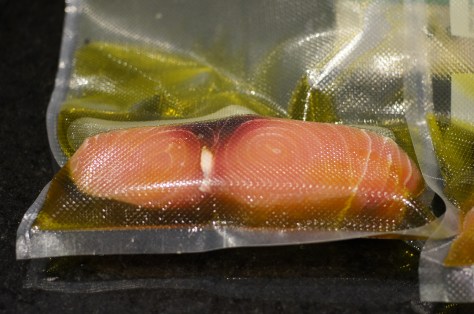 vacuum seal fish in bag with 2/3 up olive oil