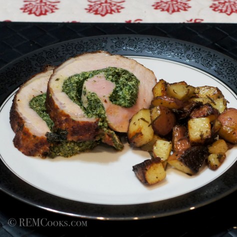 Berbere Seasoned Pork Loin Roulade Stuffed with Spinach & Goat Cheese