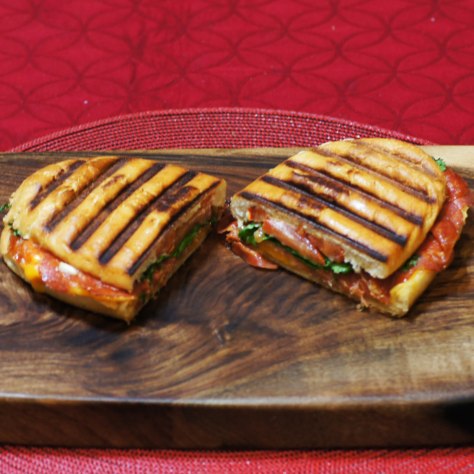 © 2014 REMCooks.com - A delicious Mastro Hot Calabrese, Piller's Old Forst Salami & Chedder Panini. Gorgeous Board and very tasty sandwich. Eat this Chairman. :)